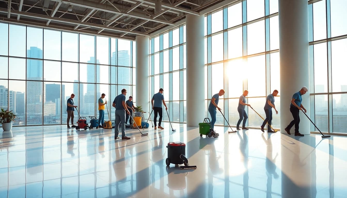 Professionelles Team der Gebäudereinigung München bei der Arbeit in einem modernen Büro.