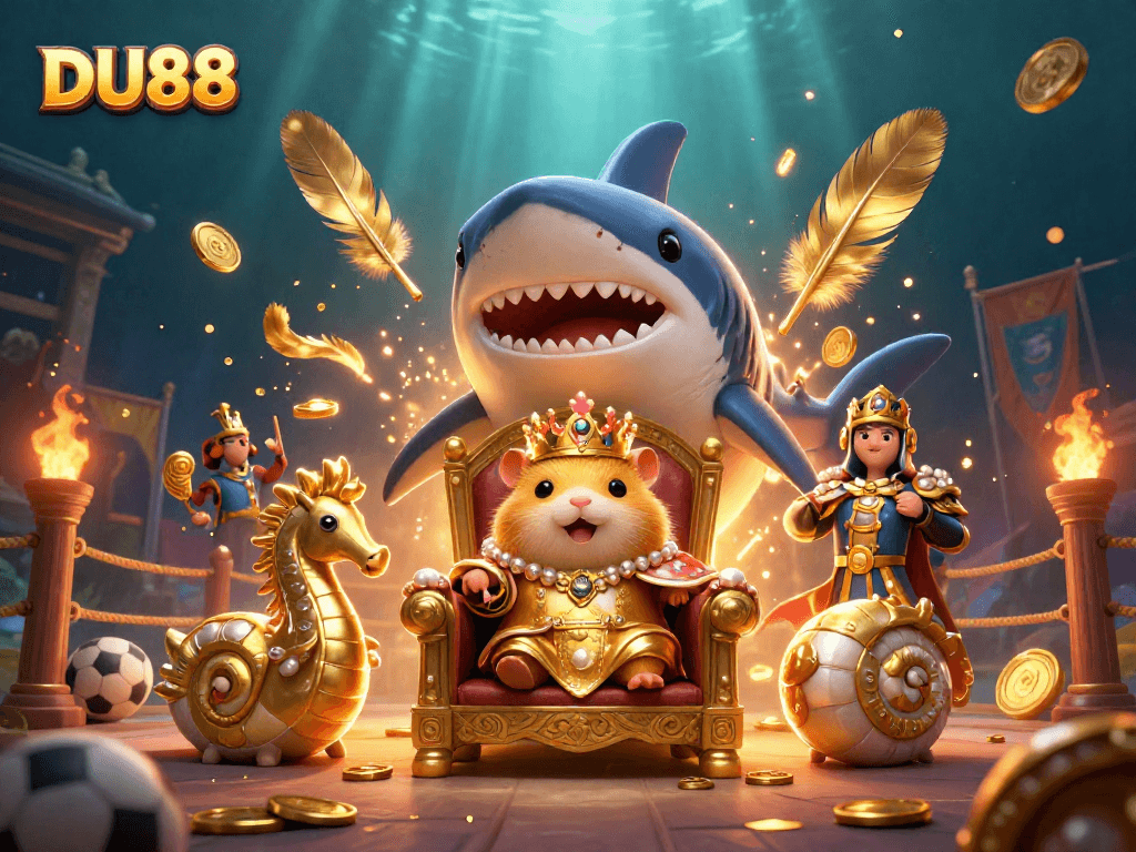 Place bets at DU88, a vibrant sports betting scene featuring a golden hamster king and seahorse guards.