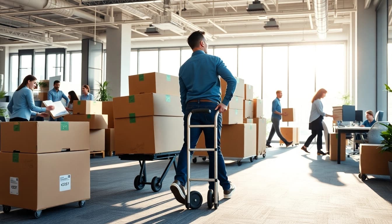 Büroumzug Berlin mit professionellen Umzugshelfern, die Büromöbel sicher verpacken.