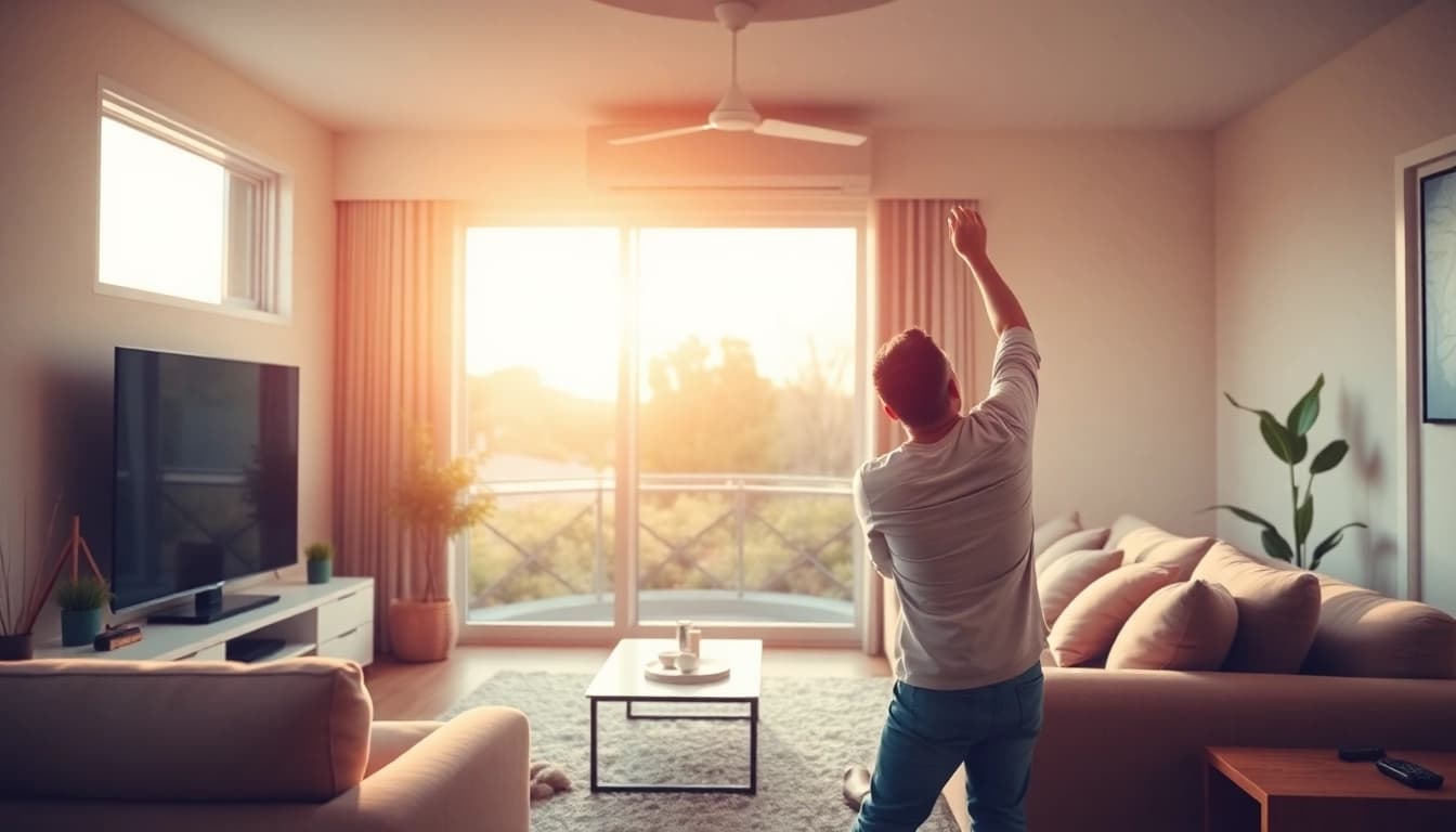Klimaanlage installieren in einem modernen Wohnzimmer mit Werkzeugen und einem neuen Klimagerät.