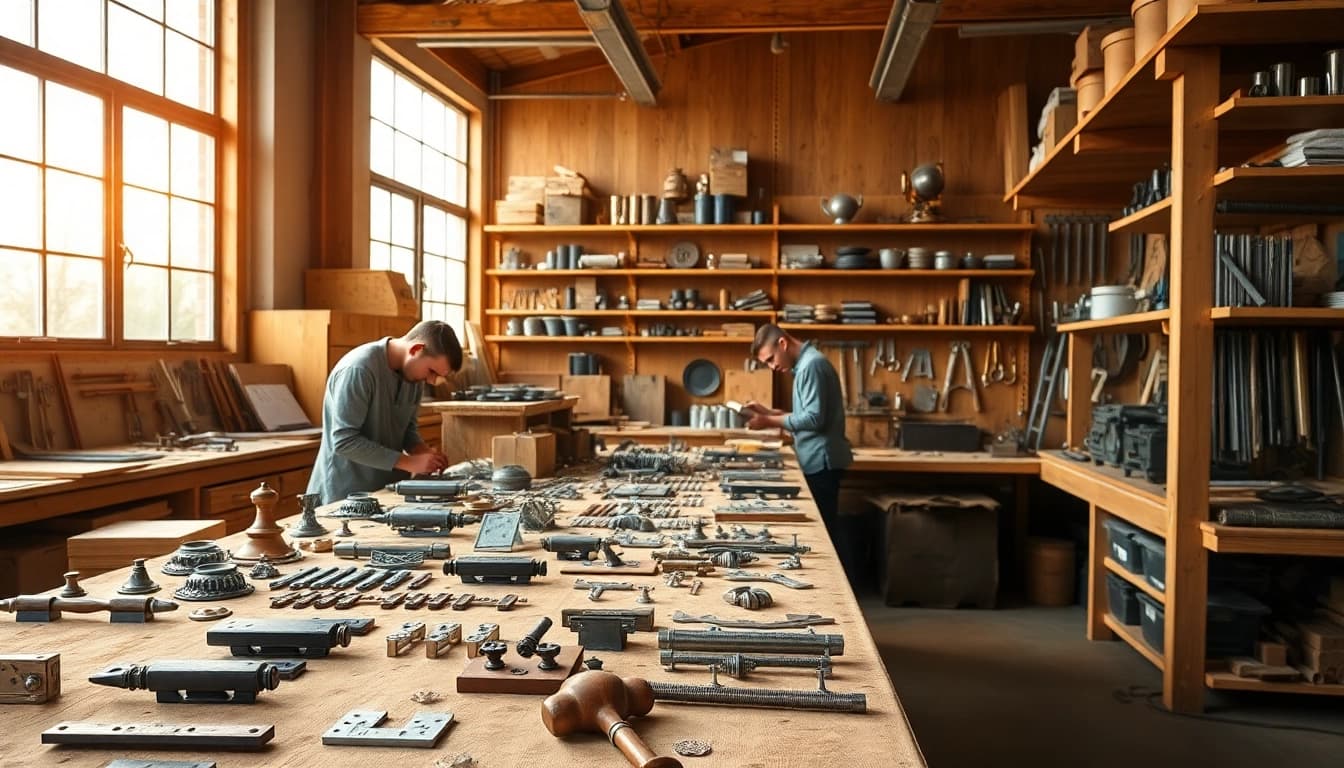 Möbelbeschläge Hersteller fertigen hochwertige Bauteile in einer handwerklichen Werkstatt.