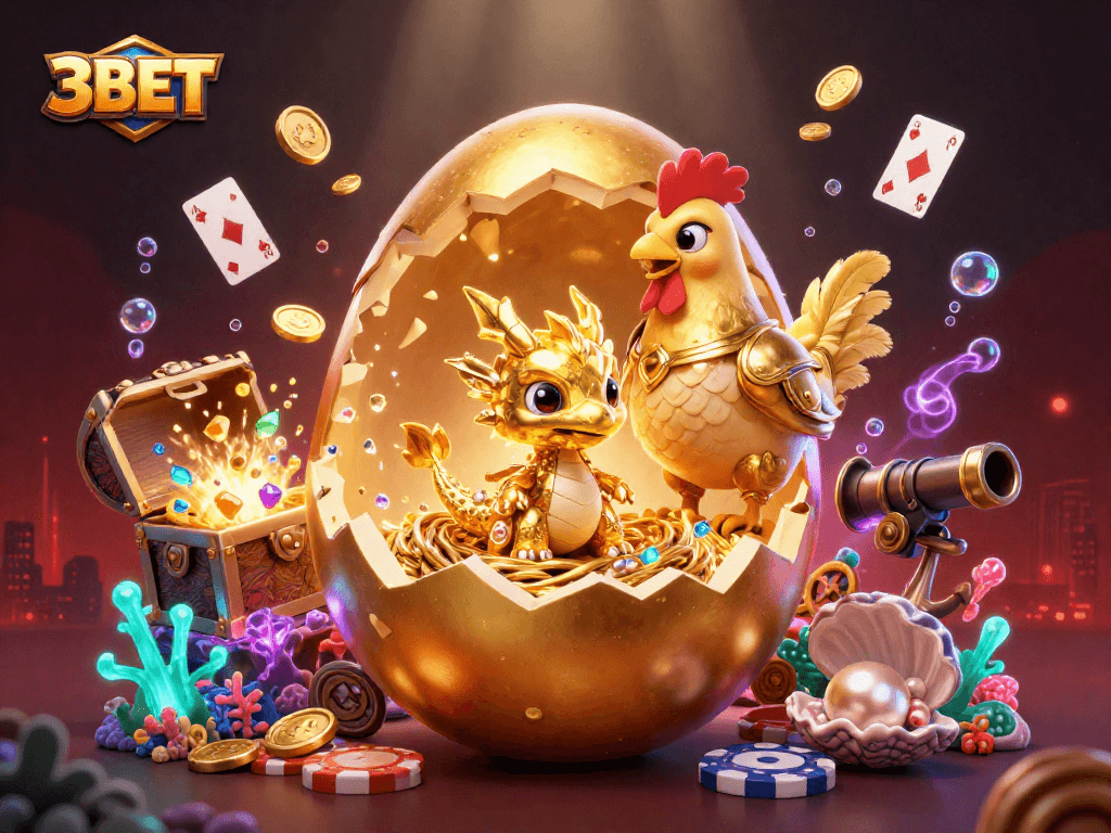 Engage with 3BET’s vibrant casino scene featuring a golden dragon amidst riches and playful elements.