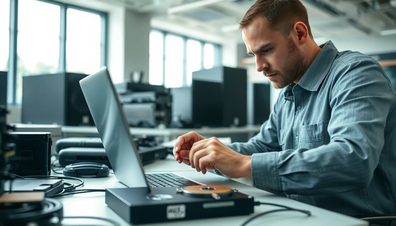 Datenrettung Festplatte Wien in einem modernen Büro mit einem Techniker bei der Arbeit.