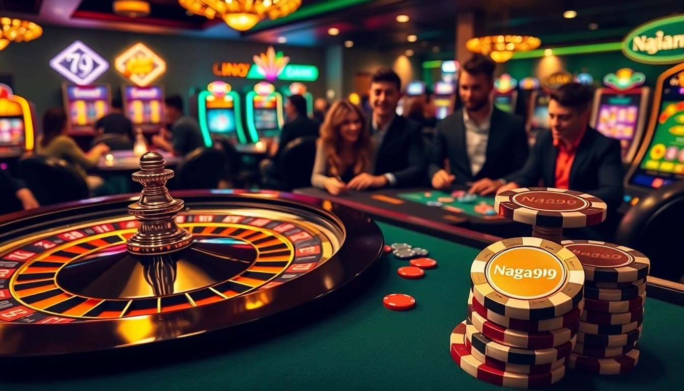Naga99 showcases an exciting casino scene with roulette, poker chips, and slot machines
