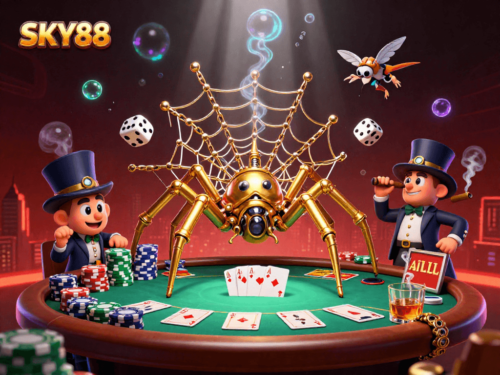 Catch thrilling action at SKY88 with a steampunk spider weaving lucky poker webs in a vibrant casino.