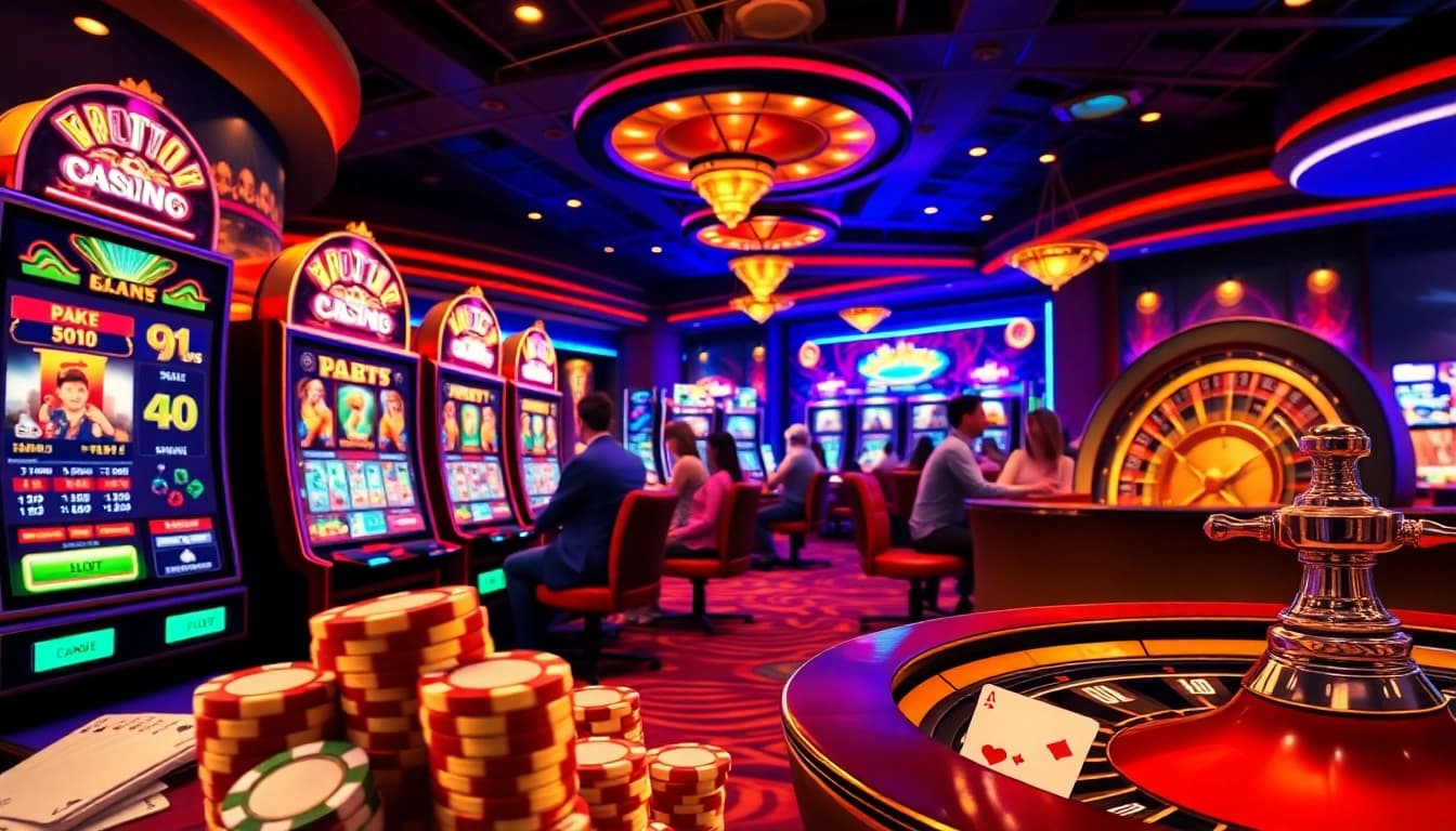 Players enjoying the tg88 gaming experience at a lively casino with slot machines and vibrant poker tables.