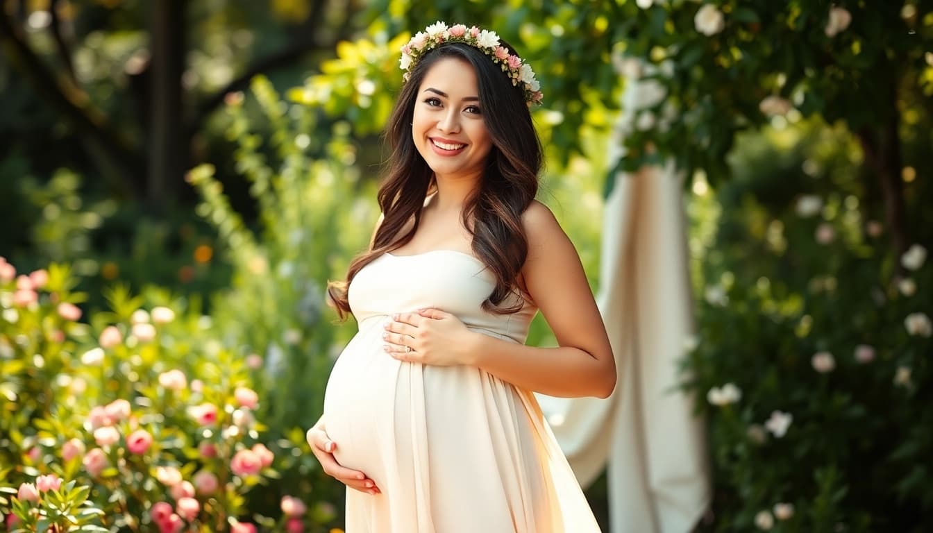 Babybauch Shooting München mit einer lächelnden, schwangeren Frau im Freien.