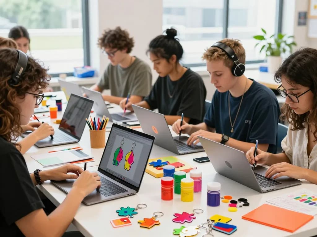 Creative artists designing unique acryl schlüsselanhänger in a vibrant workspace.