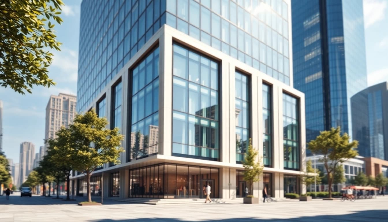 Architekturvisualisierung eines modernen Gebäudes mit urbanem Umfeld, helles Licht und klare Details.