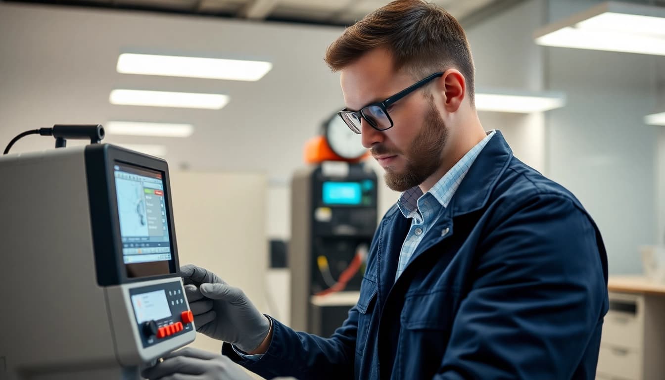 Prüfservice, bei dem ein Techniker sorgfältig elektrische Geräte in einem modernen Büro prüft.