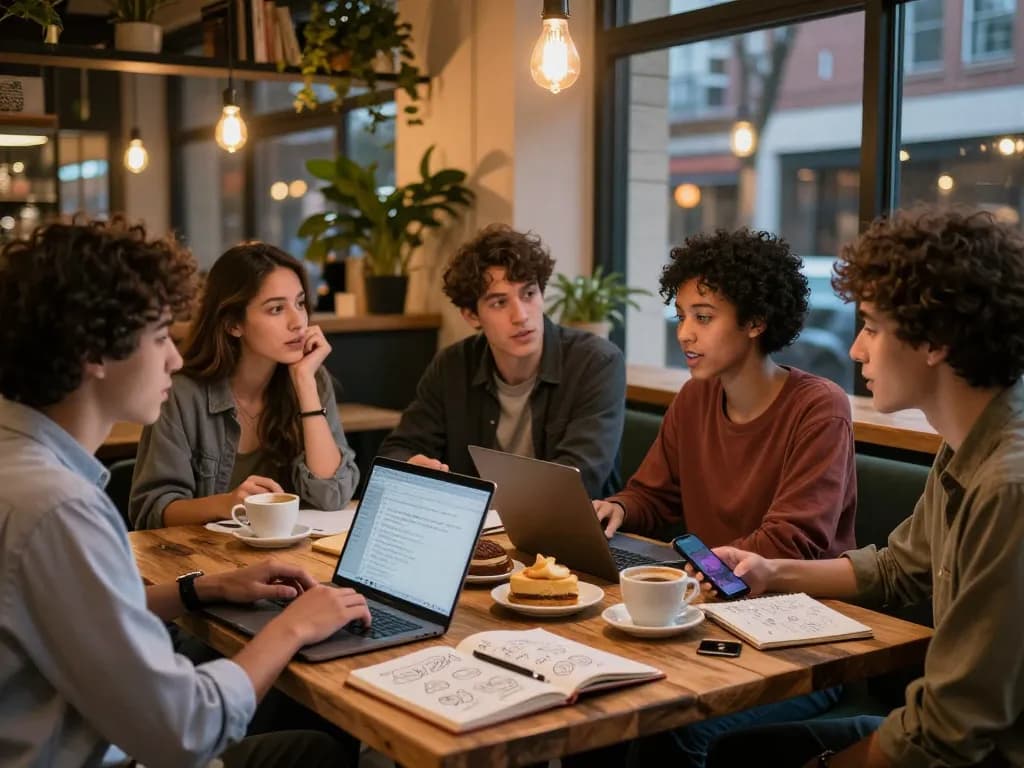Engaging discussion on sexting AI in a cozy urban café setting.