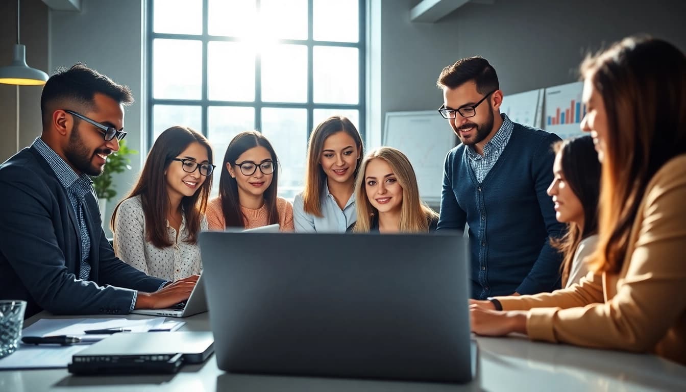 Optimieren Sie Ihre Strategie für Online Marketing mit einem engagierten Team in einer modernen Büroumgebung.