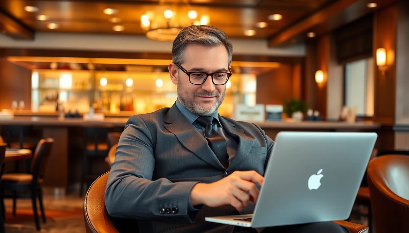 Headhunter Gastronomie bei der Arbeit in einem eleganten Restaurant mit Laptop.
