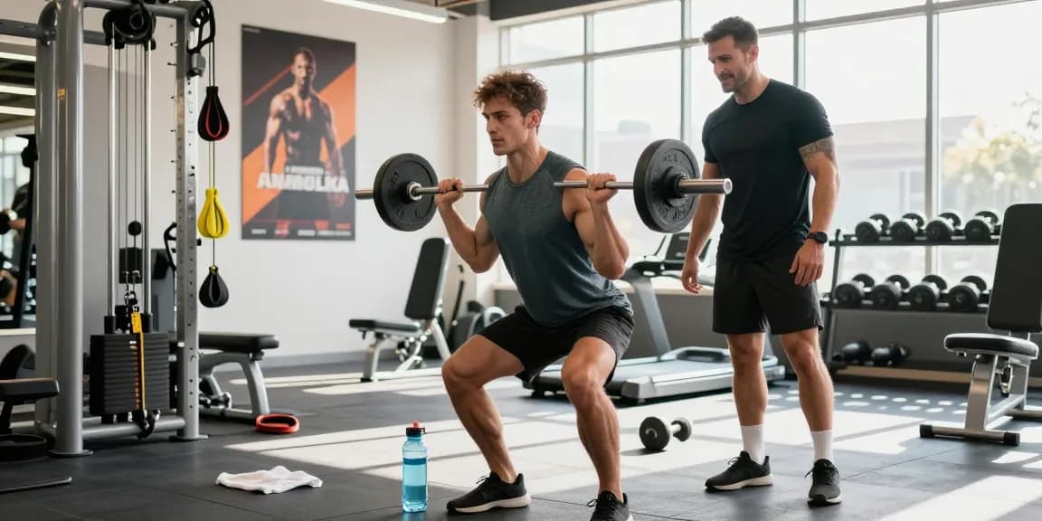 Anabolika Shop: Powerful man lifting weights in a vibrant gym, showcasing strength training in an energetic atmosphere.