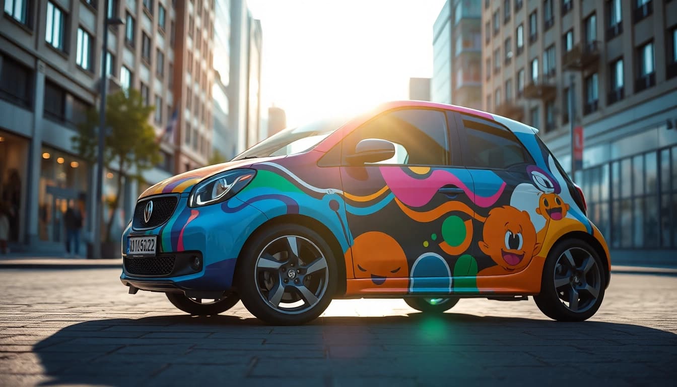 Vibrantes Auto mit einem anime car vinyl wrap, das in der Stadt geparkt ist und die Blicke auf sich zieht.