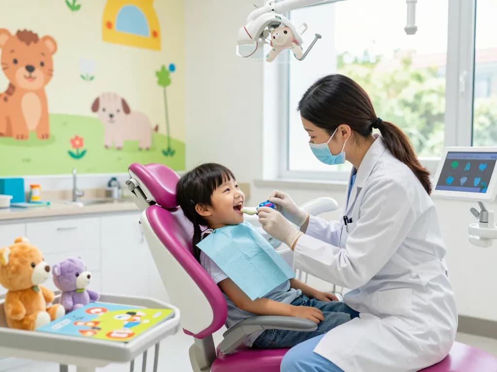 Kinderzahnarzt Wien bietet eine fröhliche Zahnarzterfahrung mit einem Kind und einem freundlichen Zahnarzt in einer bunten Klinik.