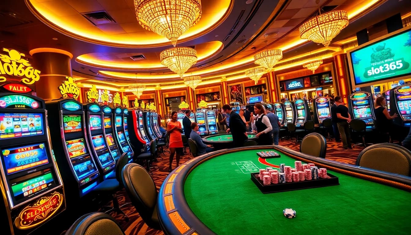 Players enjoying a thrilling gaming experience at slot365 with vibrant slot machines and poker tables.