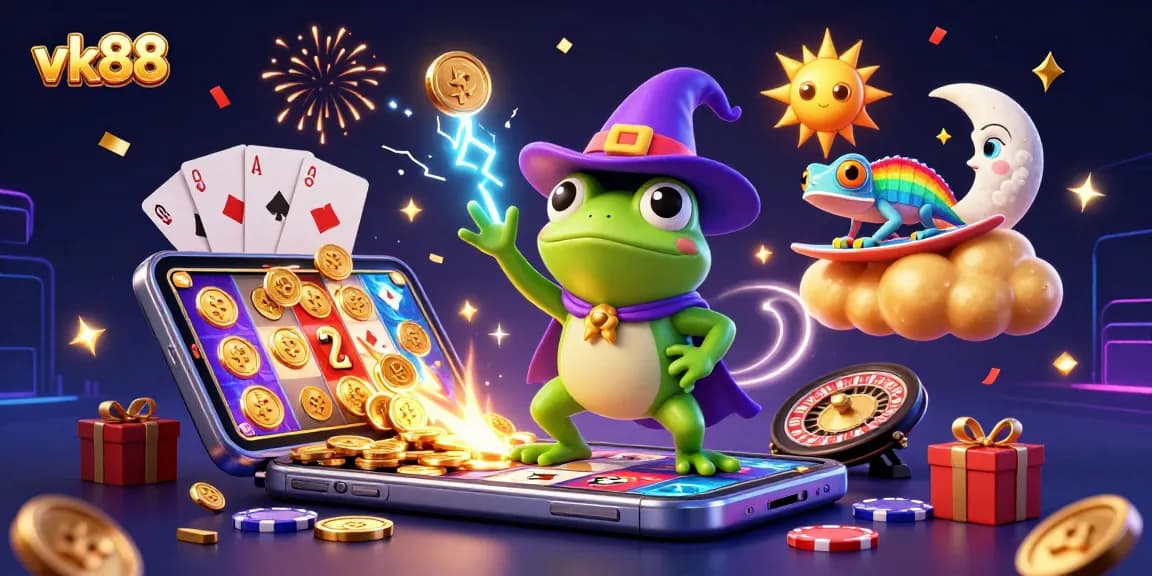 Experience the excitement of vk88 with a magical 3D casino illustration, featuring high-energy characters and vibrant gaming elements.