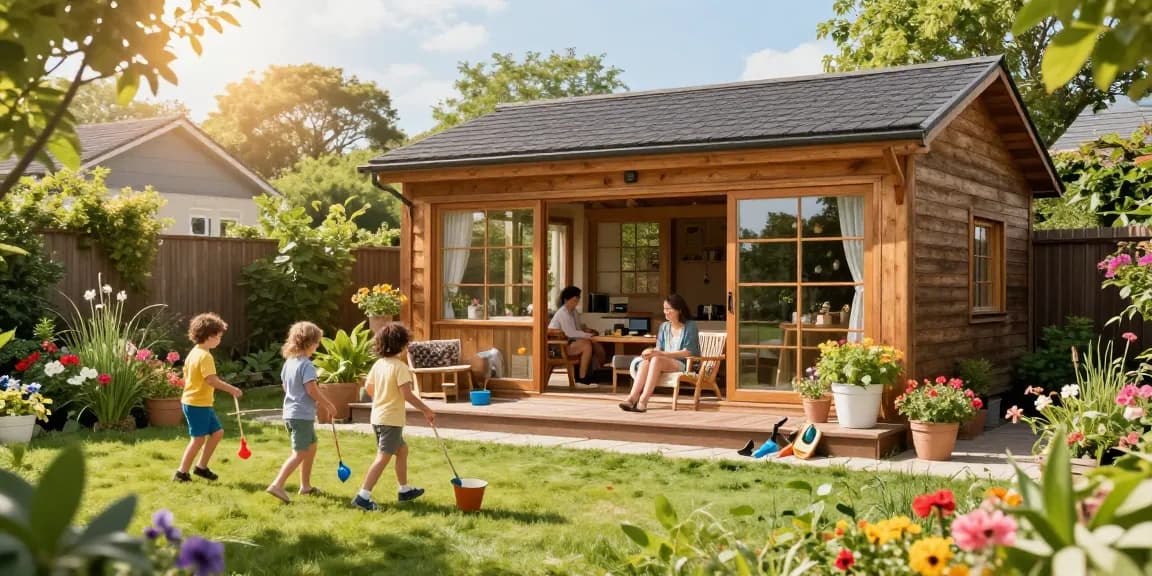 In einem Garten mit einem modernen Gartenhaus aus Holz genießen eine Familie den sonnigen Tag im Freien.