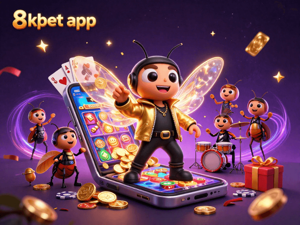 Engage with the 8xbet app as the 3D rock star and band celebrate casino excitement.