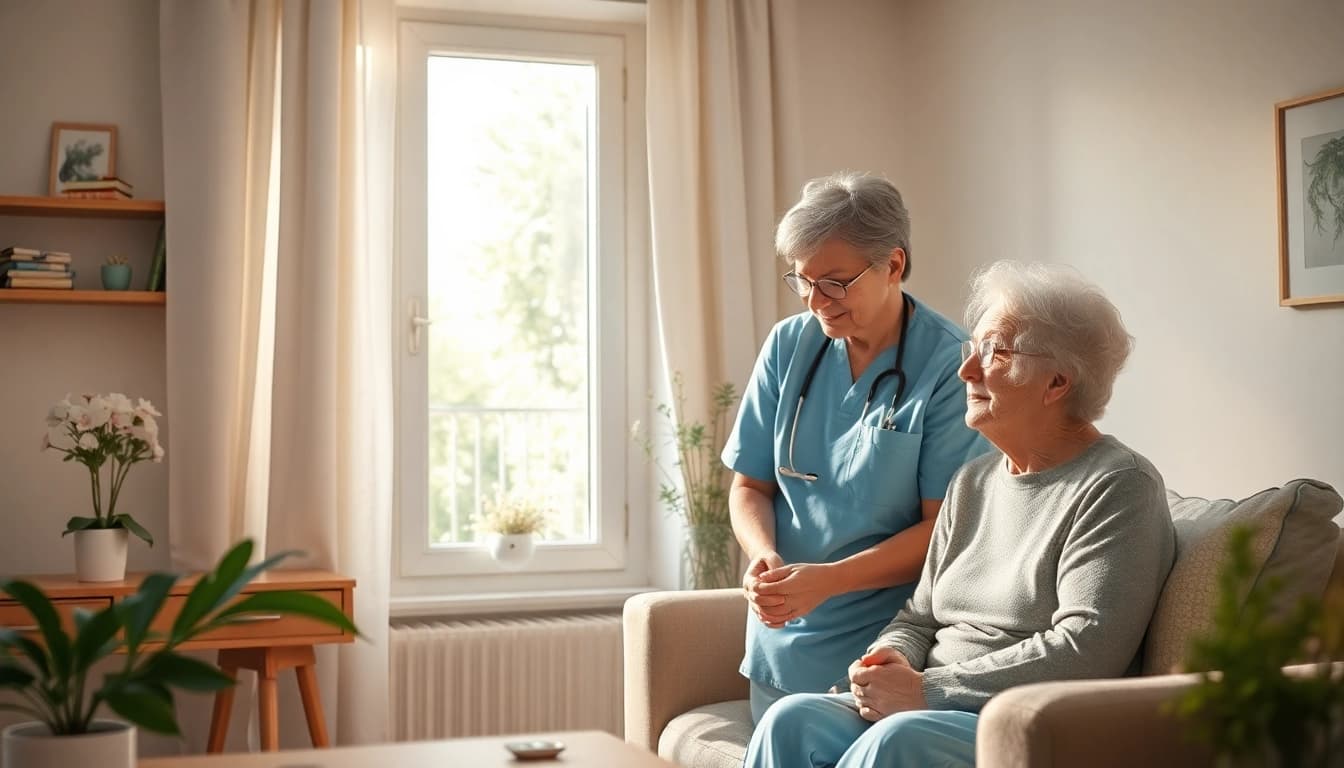 Pflegedienst unterstützt ältere Menschen in einer einladenden, familiären Umgebung.