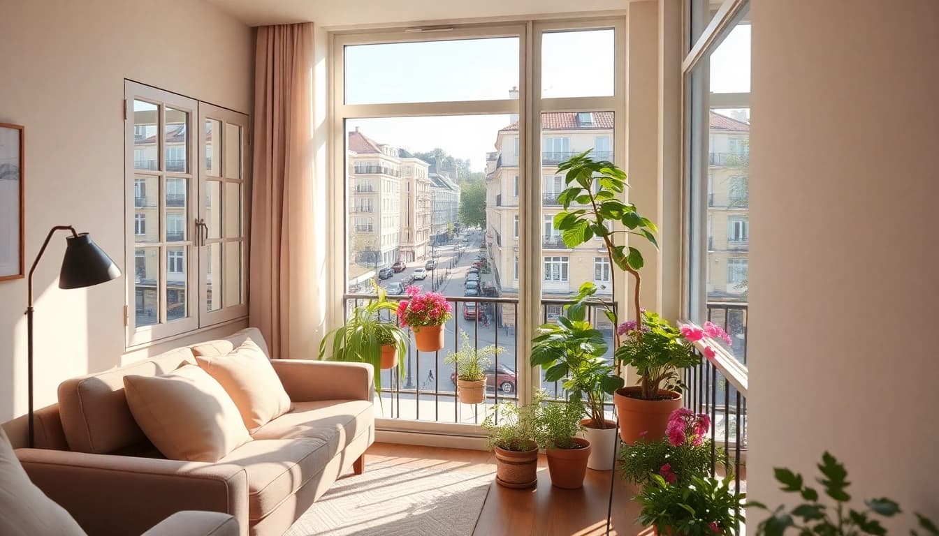 Wohnung kaufen in einer gemütlichen Wohnung mit großem Fenster und Blick auf die Straße.