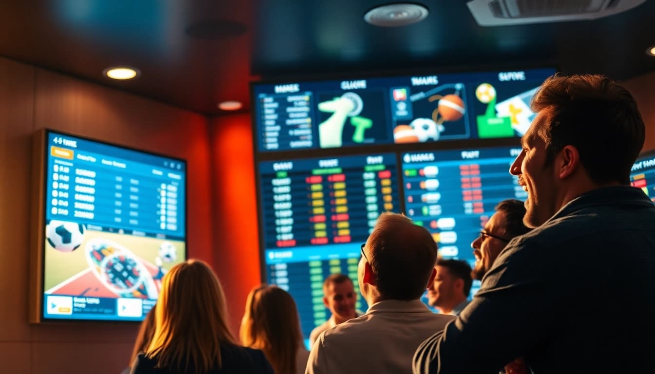 Erlebe sportwetten ohne limit in einem lebhaften Wettbüro mit jubelnden Fans und digitalen Sportanzeigen.