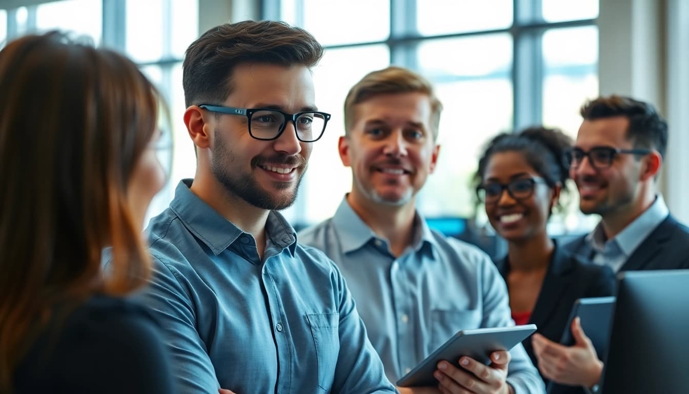 Headhunter IT engagiert mit IT-Fachkräften in einem modernen Büro.