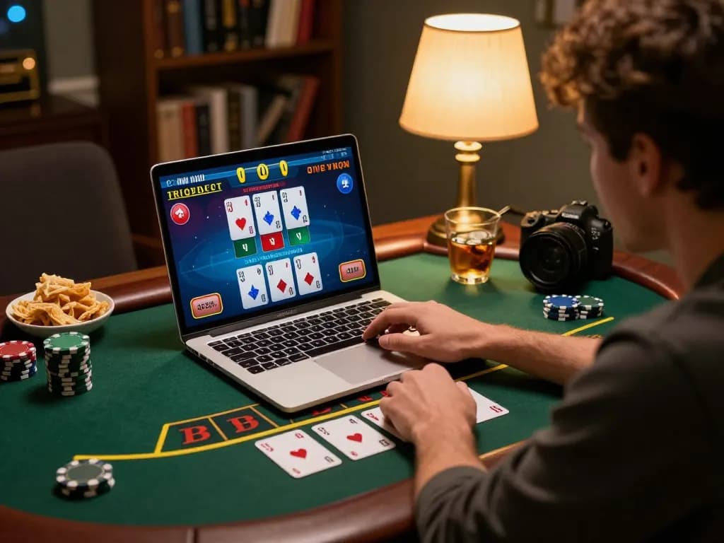 Man88 player enjoying a live blackjack game on a laptop in a cozy home setting