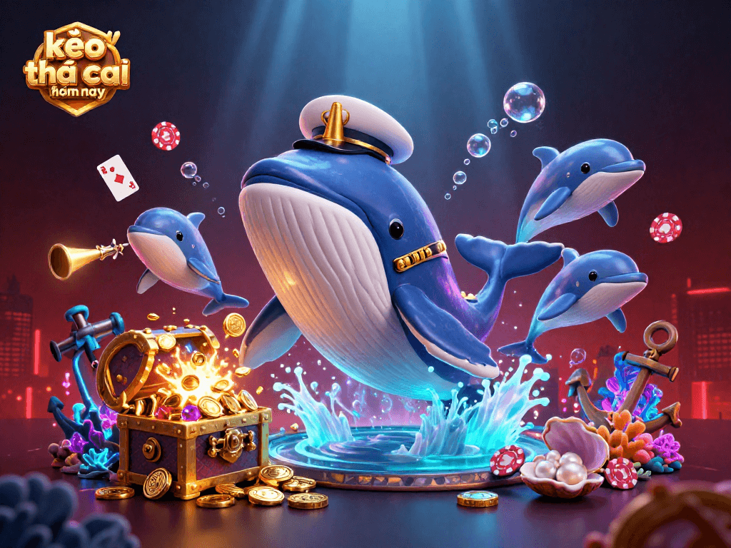 Engage in kèo nhà cái hôm nay with a vibrant 3D scene of a whale captain amidst poker chips.