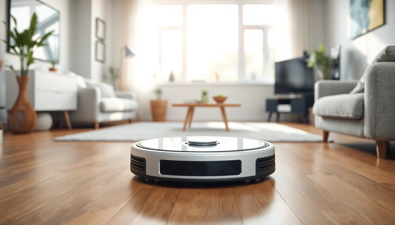Roboterstaubsauger reinigt effizient einen modernen Wohnraum mit minimalistischem Stil.