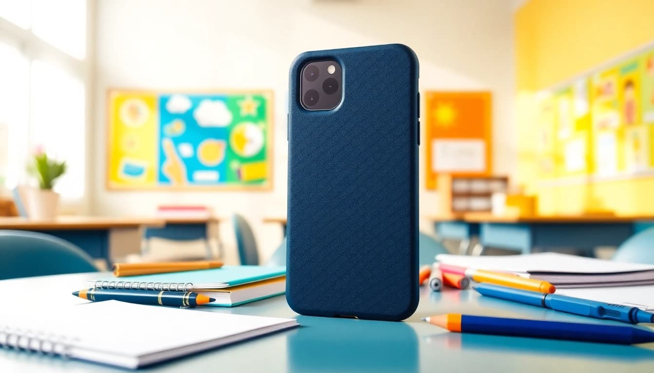 Handytasche Schule auf einem Schreibtisch neben Schulmaterialien.