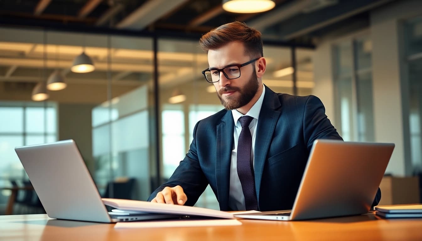 Headhunter überprüft Bewerbungsunterlagen in einem modernen Büro mit natürlichem Licht.