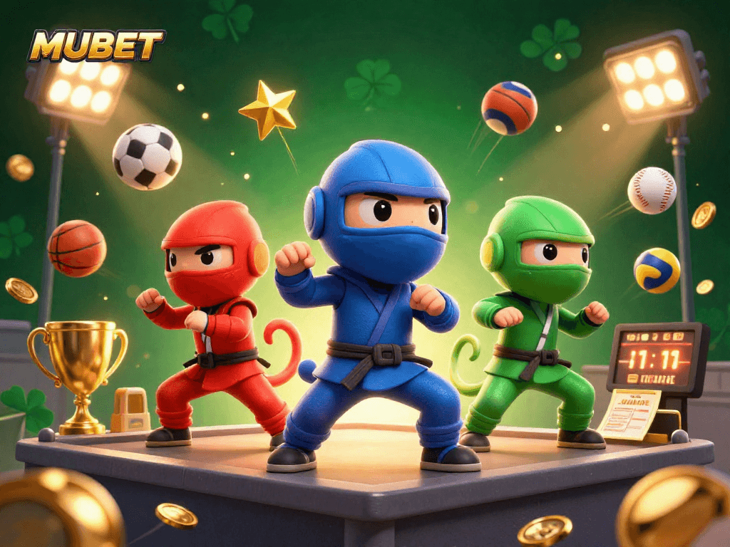 MUBET offers thrilling sports betting experiences with dynamic action and colorful chameleons fighting on a rooftop.