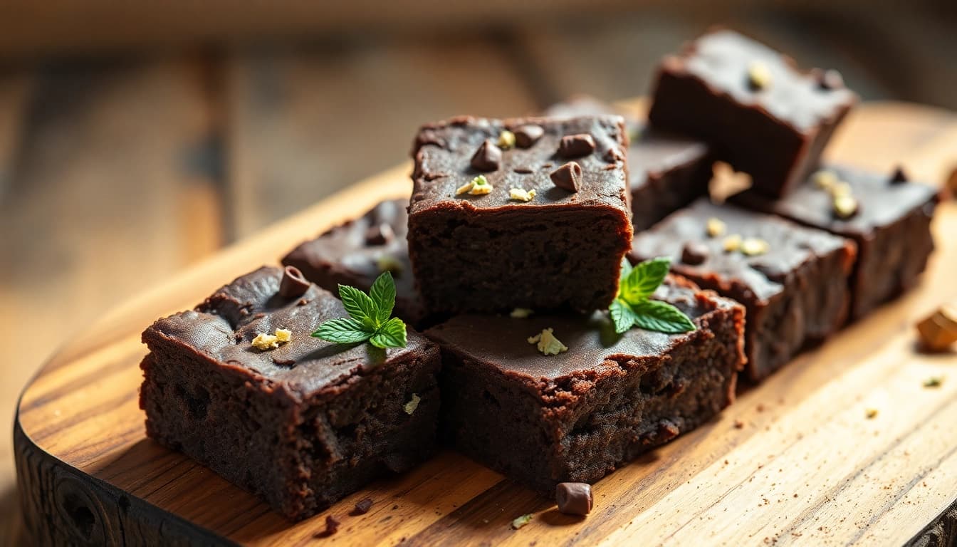 Leckere, frisch gebackene thc brownies verführerisch angerichtet auf rustikalem Holz, ideal für Genuss.
