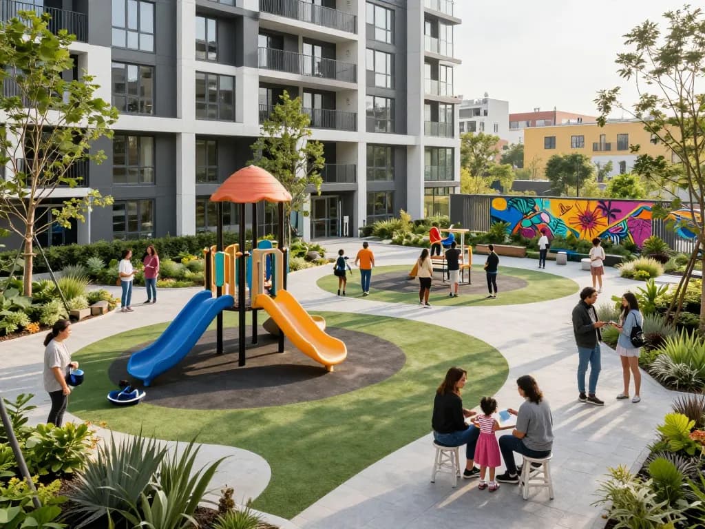 Five88 affordable housing community with families engaging in outdoor activities, showcasing vibrant urban life.