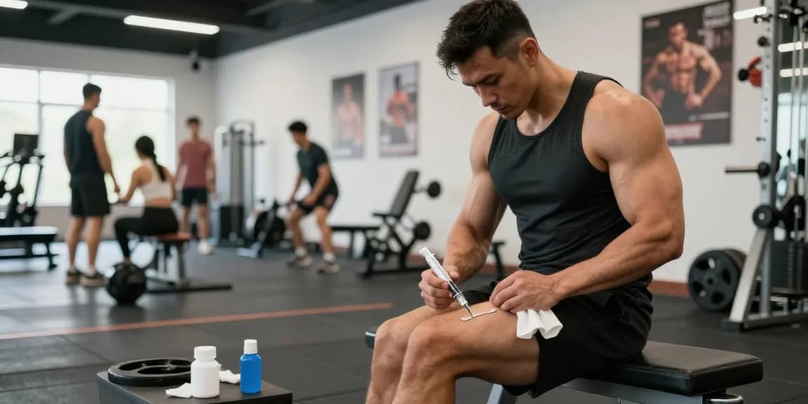 Anabolika Shop - A confident athlete demonstrating correct injection technique in a bright modern gym setting, showcasing safe anabolic steroid use.