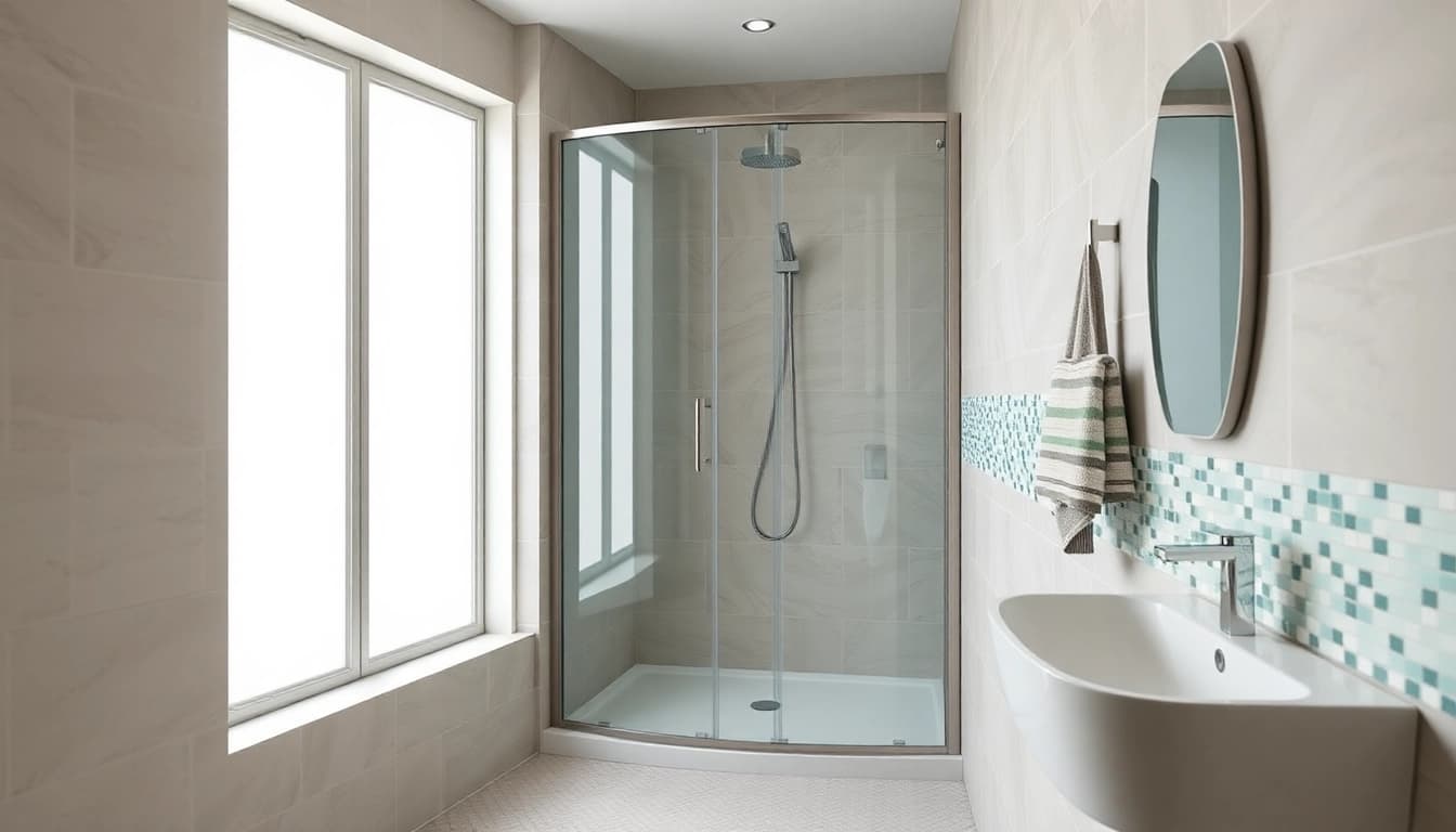 Duschkabine 90x90 in einem modernen Badezimmer mit eleganten Glasschiebetüren und neutralen Farbtönen.