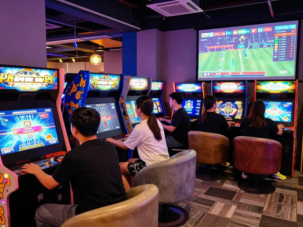 Hitclub gaming lounge with players enjoying vibrant arcade games and slots in an exciting atmosphere.