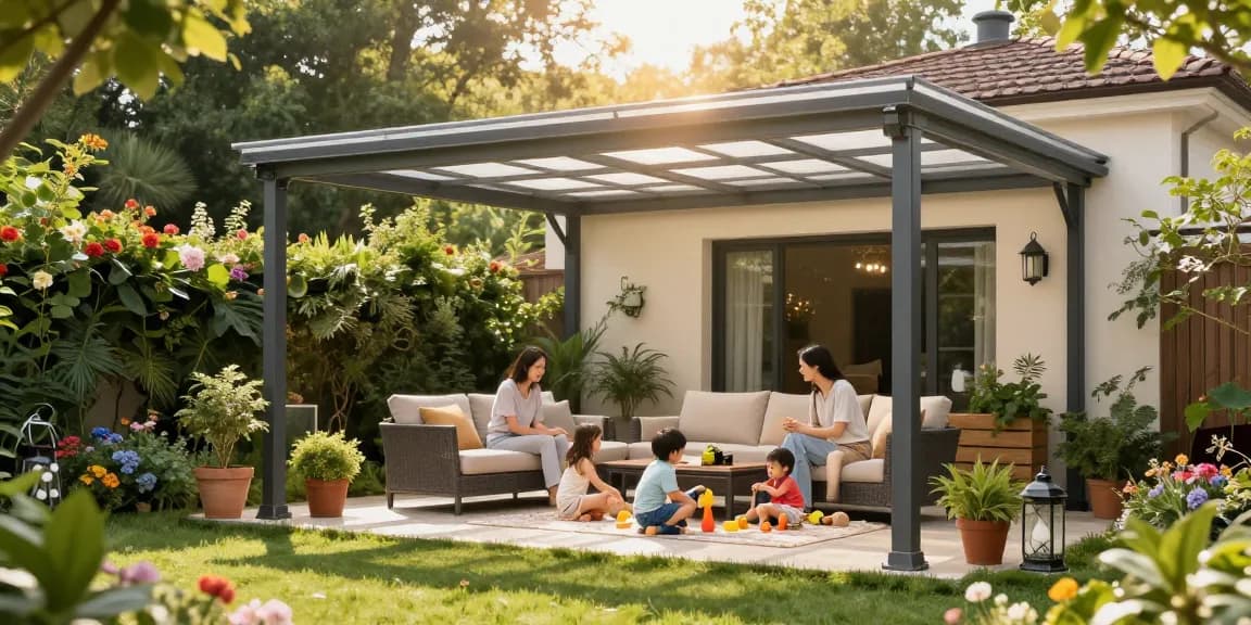 Gemütliche Familie unter einer freistehenden Terrassenüberdachung im Garten, mit Pflanzen und Sonnenlicht.