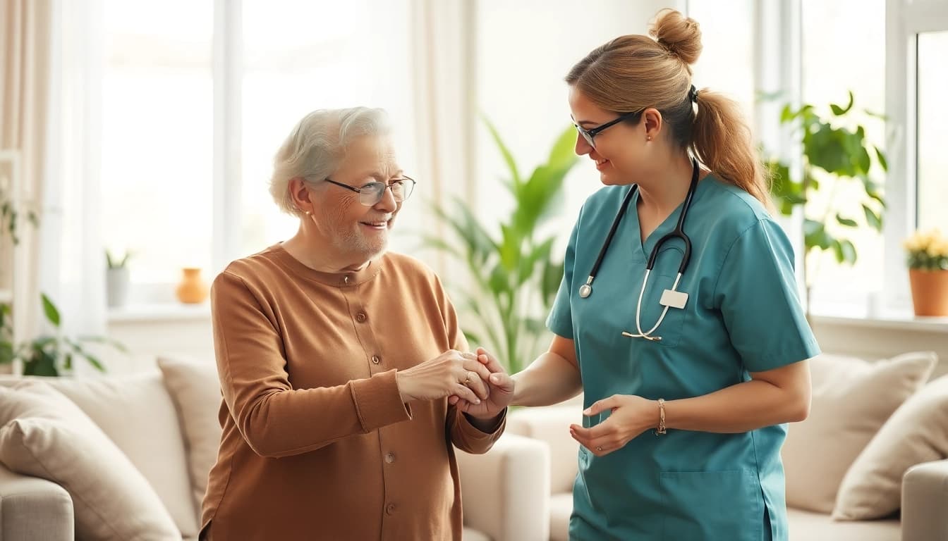 Pflegedienst Bornheim bei der Unterstützung eines älteren Patienten in einem gemütlichen Wohnzimmer.