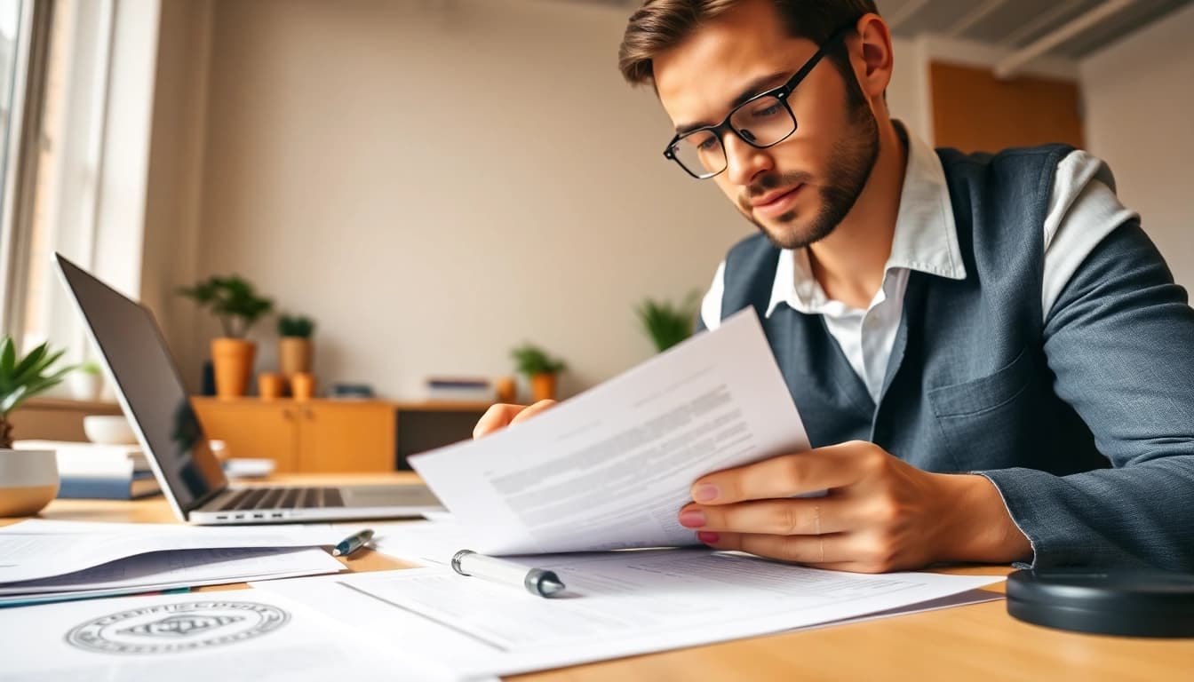 Professioneller Übersetzer überprüft Dokumente und vermittelt Vertrauen in Beglaubigte Übersetzer-Dienstleistungen.