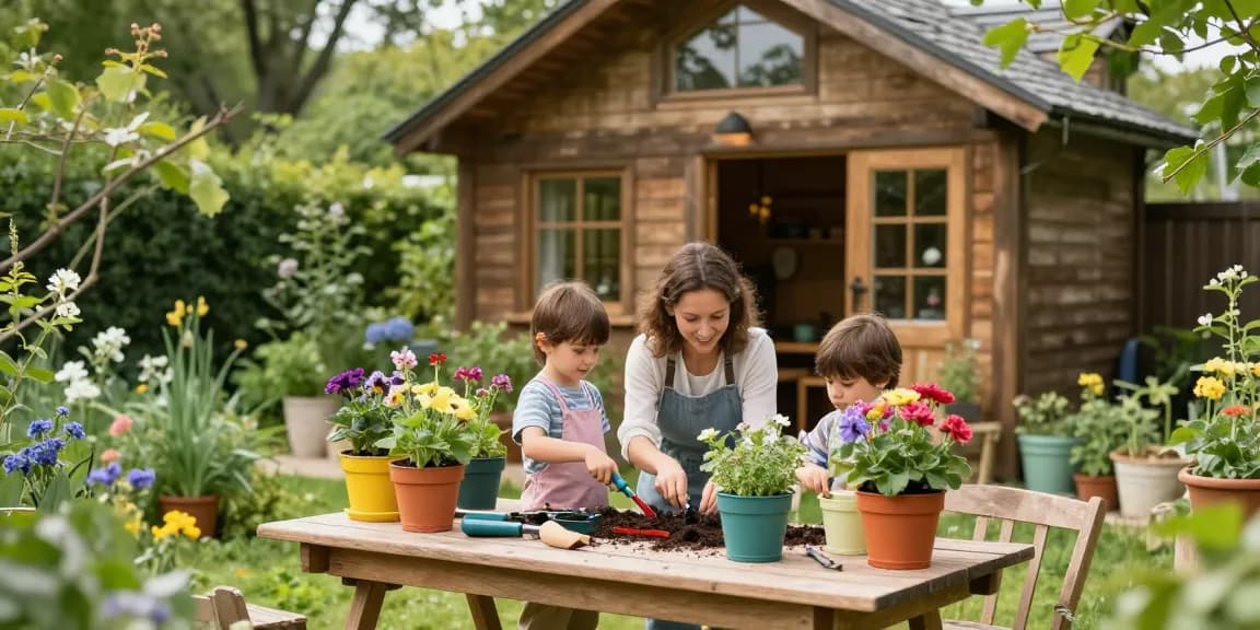 Gartenhäuser in grünem Garten mit Familie bei der Pflanzung von Blumen.