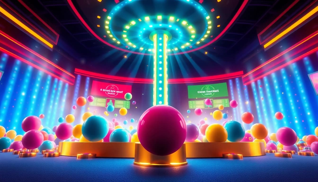 Spielen Sie Plinko in einem modernen Casino mit bunten Kugeln, aufregender Atmosphäre und Gewinnanzeigen.