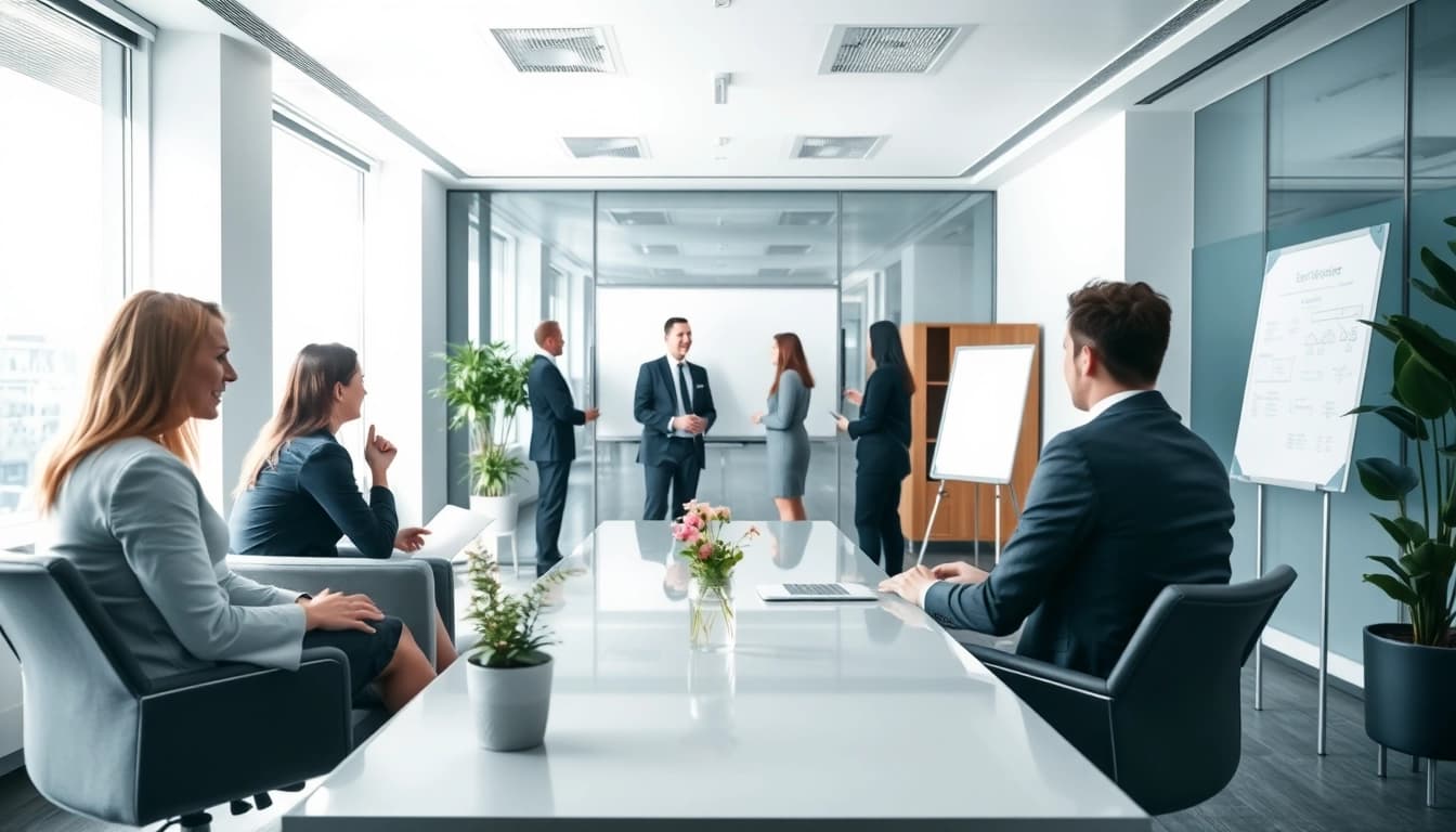 Professionelle Interaktion in einer Headhunter Agentur, die Kompetenz und Dynamik ausstrahlt.