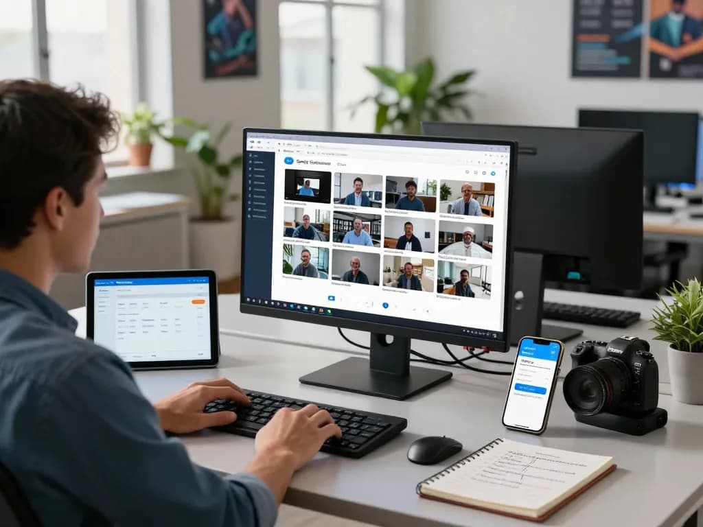 Lieferung von Synology Kamera-Lizenzen in einem technischen Arbeitsplatz mit Bildschirmen, die Management-Tools anzeigen.