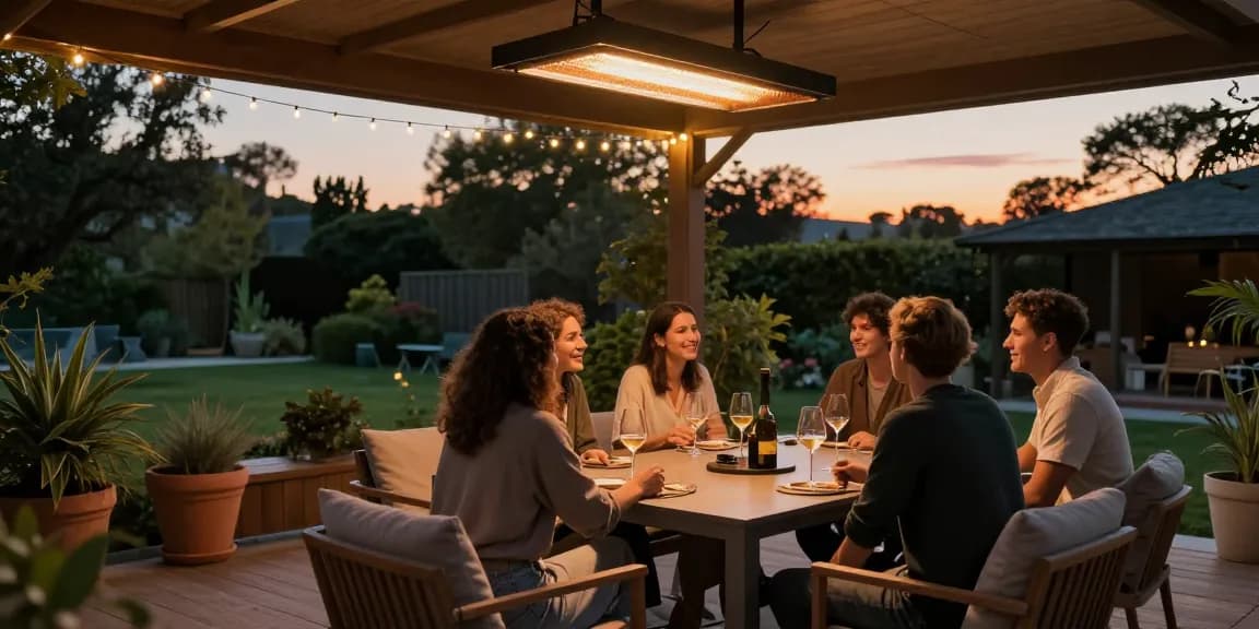 Genießen Sie die gemütliche Wärme der Infrarotheizung Außen auf einer stilvollen Terrasse an einem kühlen Abend.