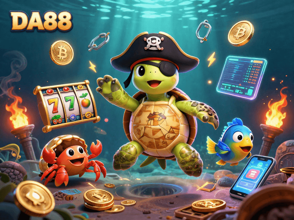 Join the DA88 adventure with a pirate turtle, crab, and parrotfish in a vibrant casino underwater scene.