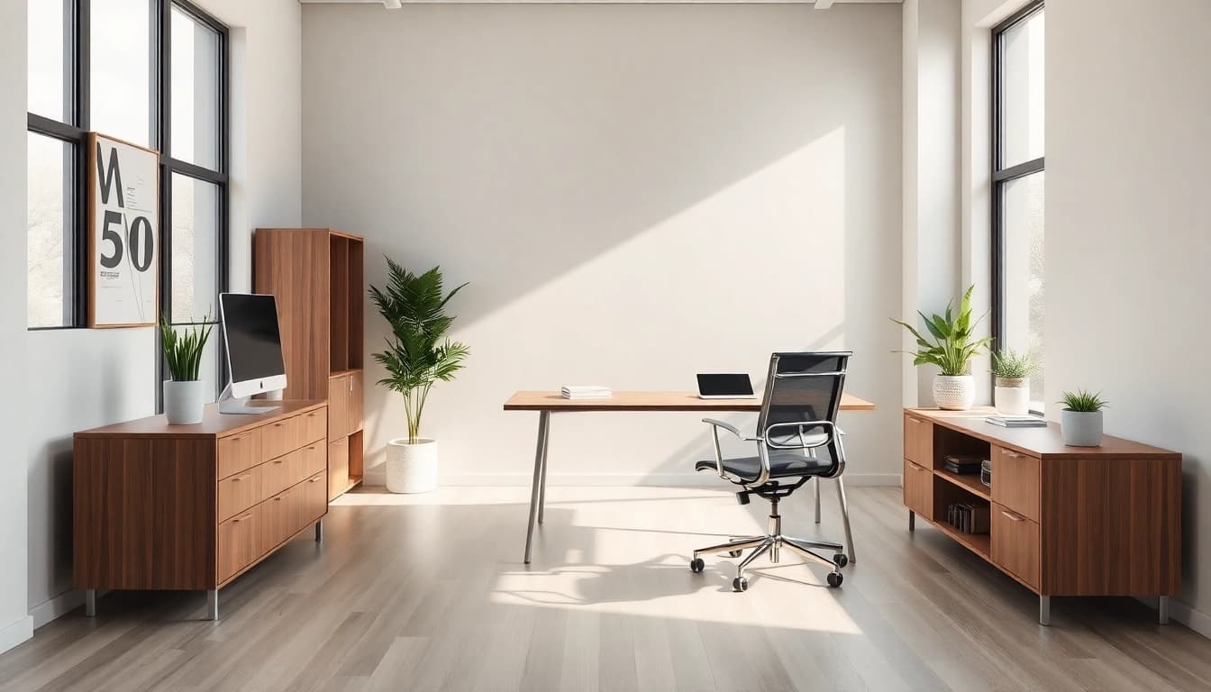 Büromöbel in einer modernen Büroeinrichtung mit einem eleganten Schreibtisch und ergonomischen Stuhl in einem gut beleuchteten Raum.