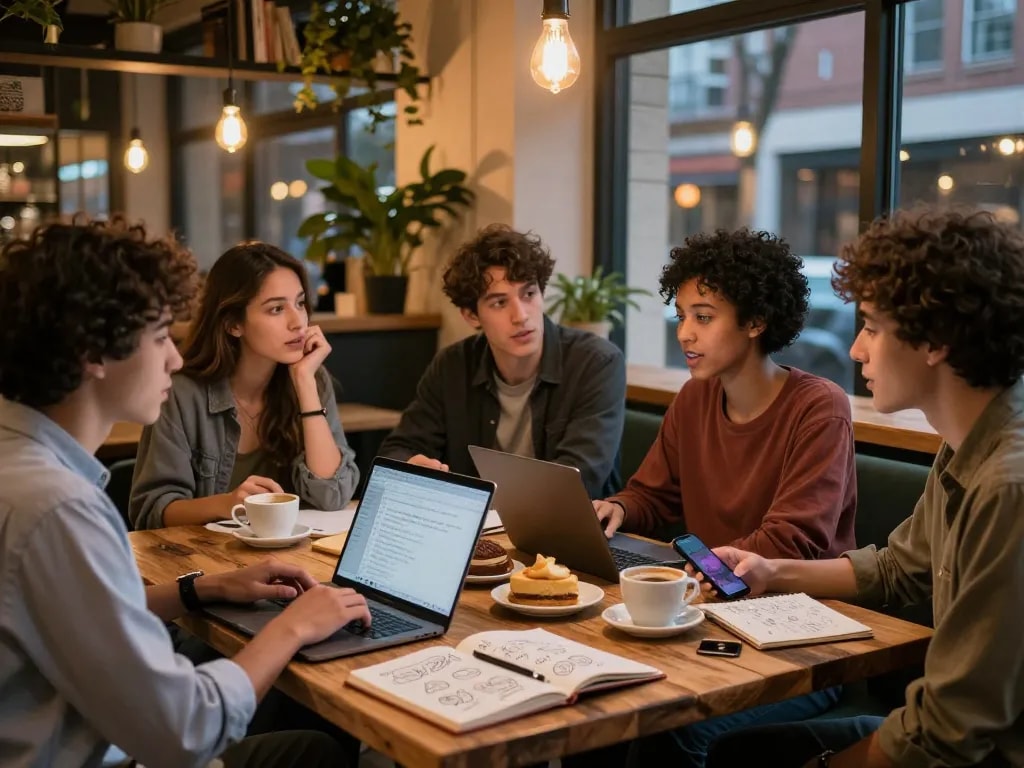 Engaging discussion on sexting AI in a cozy urban café setting.